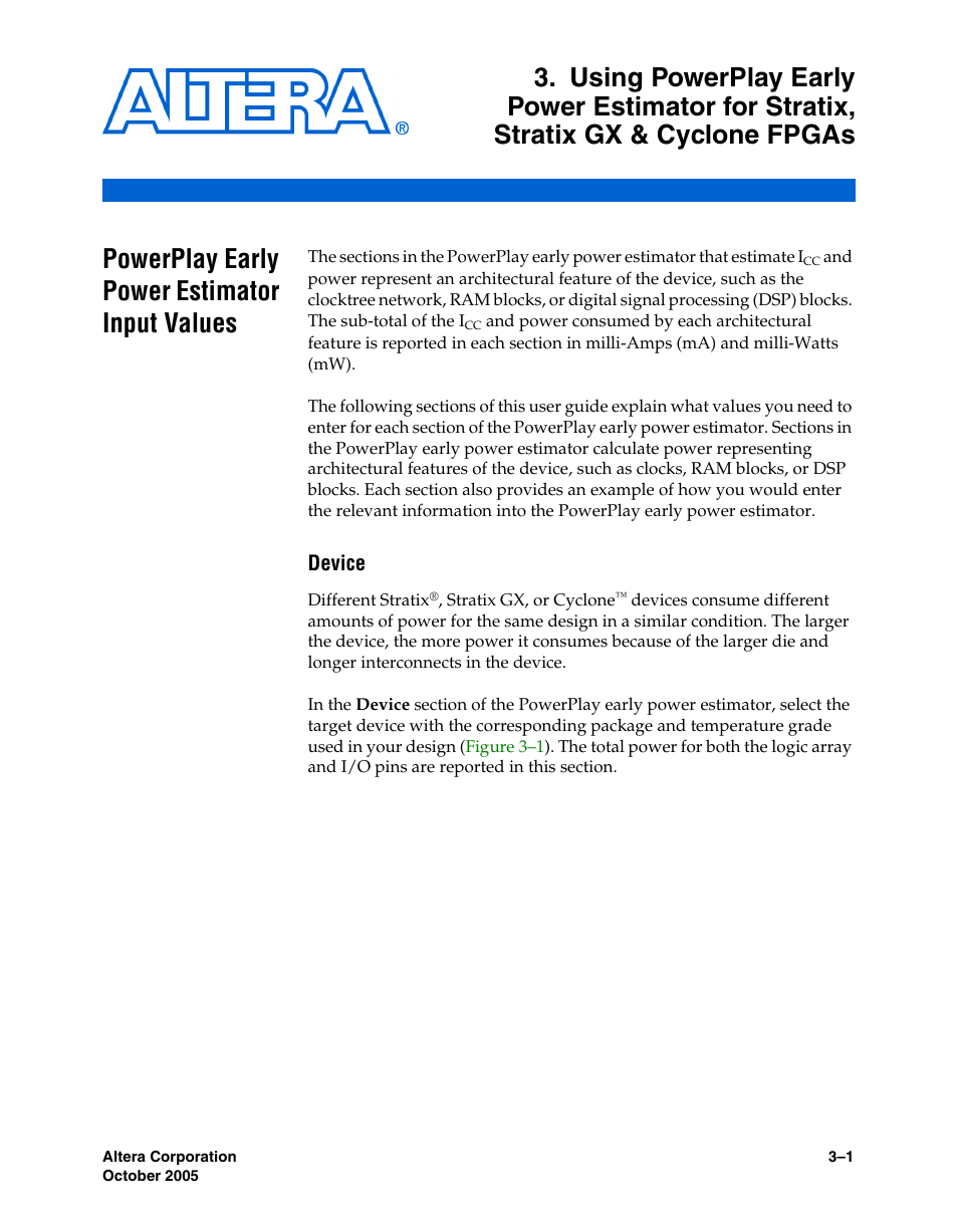 Powerplay early power estimator input values, Device, Powerplay early power estimator input values –1 | Altera PowerPlay Early Power Estimator User Manual | Page 17 / 40