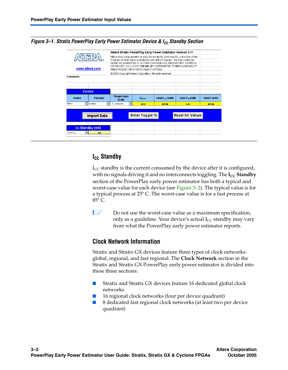 Icc standby, Clock network information, Standby | Altera PowerPlay Early Power Estimator User Manual | Page 18 / 40