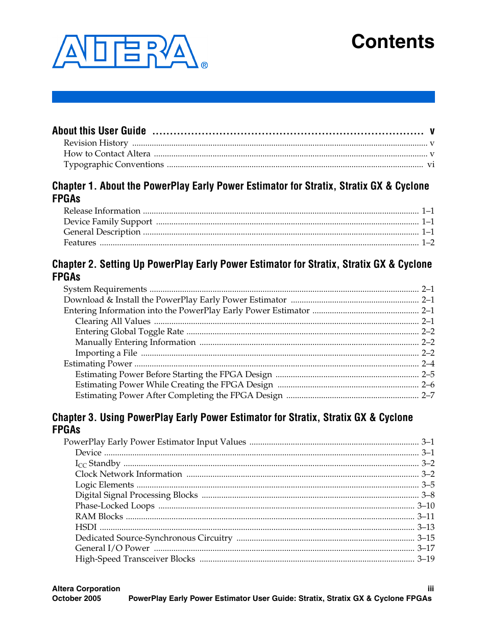 Altera PowerPlay Early Power Estimator User Manual | Page 3 / 40