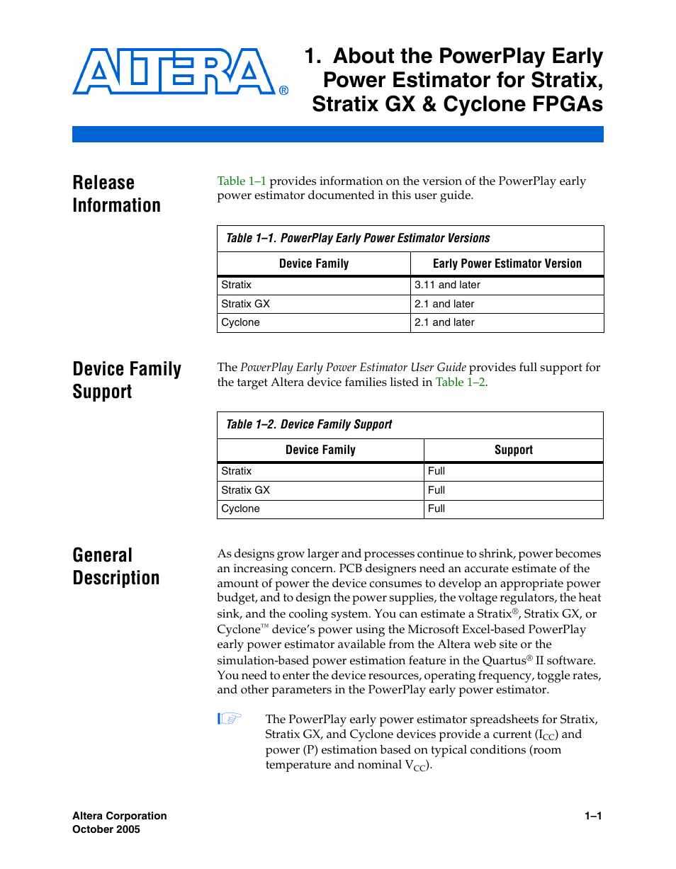 Release information, Device family support, General description | Altera PowerPlay Early Power Estimator User Manual | Page 7 / 40