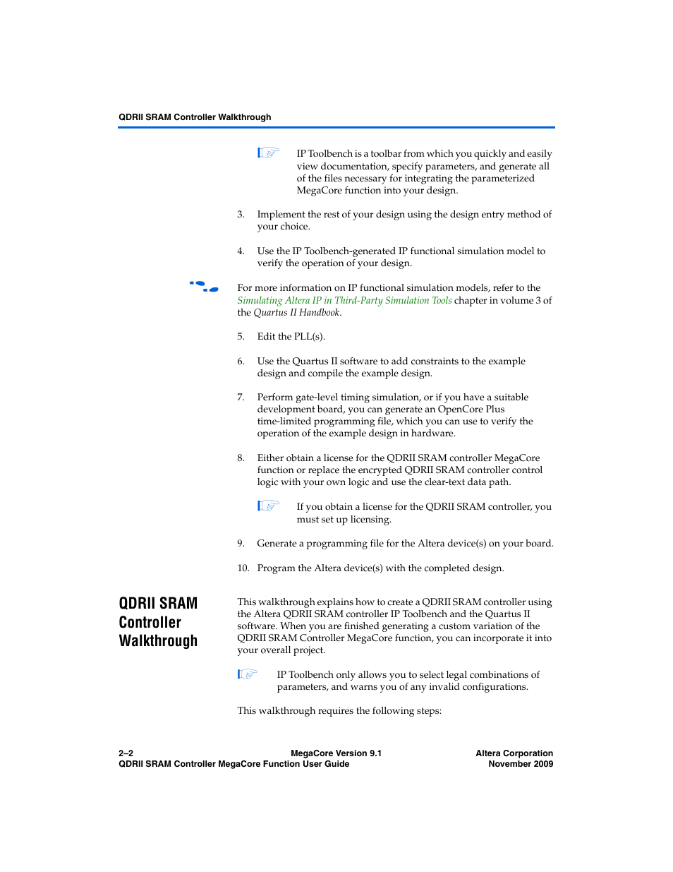 Qdrii sram controller walkthrough, Qdrii sram controller walkthrough –2 | Altera QDRII SRAM Controller MegaCore Function User Manual | Page 12 / 68