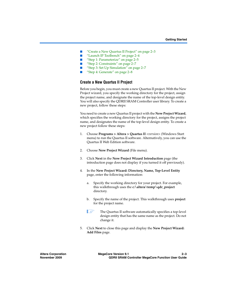 Create a new quartus ii project | Altera QDRII SRAM Controller MegaCore Function User Manual | Page 13 / 68