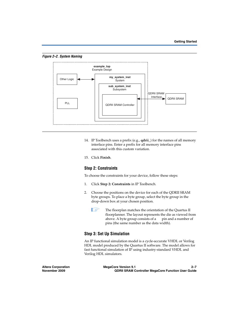 Step 2: constraints, Step 3: set up simulation, Figure 2–2 | Altera QDRII SRAM Controller MegaCore Function User Manual | Page 17 / 68