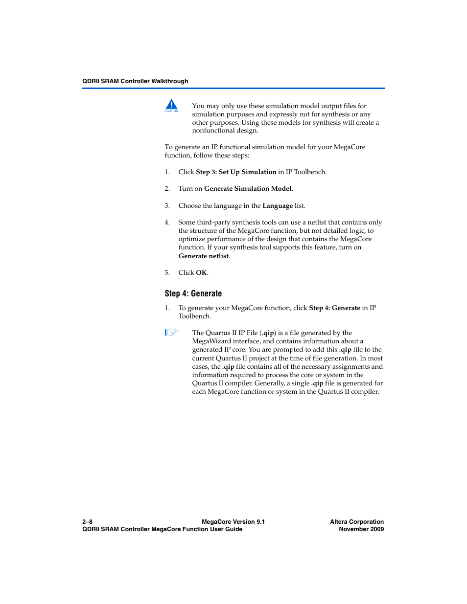 Step 4: generate | Altera QDRII SRAM Controller MegaCore Function User Manual | Page 18 / 68