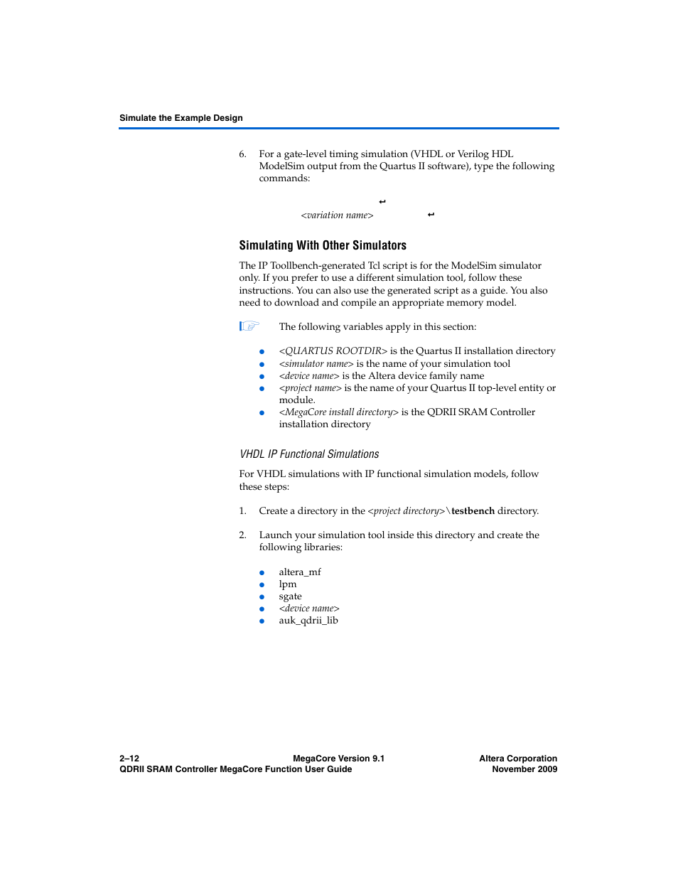 Simulating with other simulators, Vhdl ip functional simulations | Altera QDRII SRAM Controller MegaCore Function User Manual | Page 22 / 68