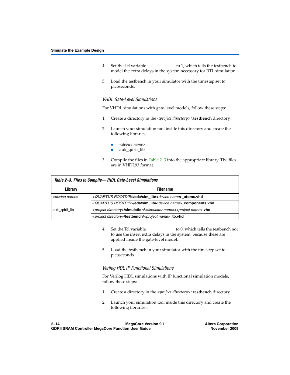 Vhdl gate-level simulations, Verilog hdl ip functional simulations | Altera QDRII SRAM Controller MegaCore Function User Manual | Page 24 / 68