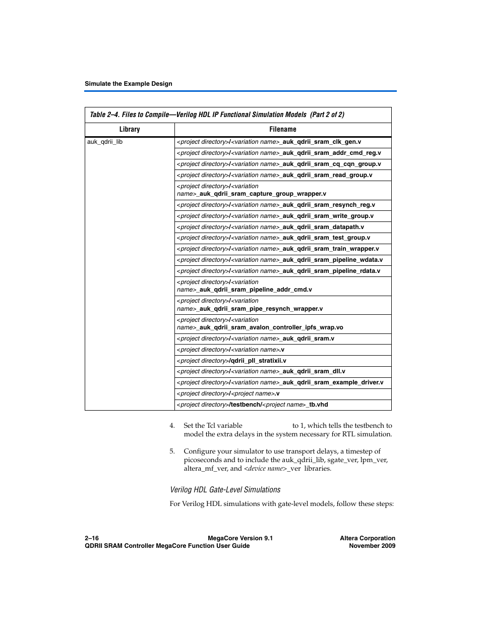 Verilog hdl gate-level simulations | Altera QDRII SRAM Controller MegaCore Function User Manual | Page 26 / 68