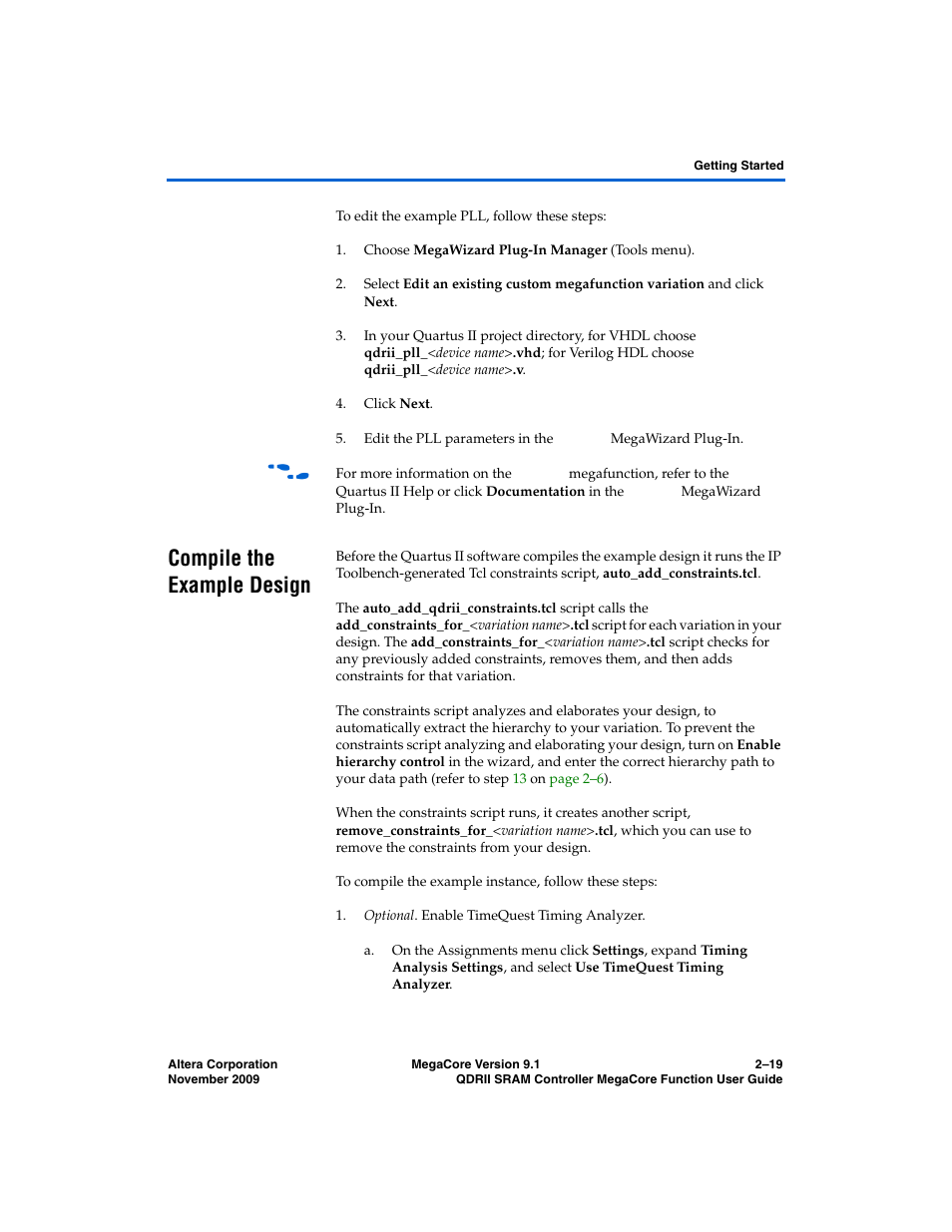 Compile the example design, Compile the example design –19, Compile the | Altera QDRII SRAM Controller MegaCore Function User Manual | Page 29 / 68