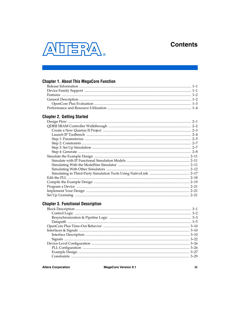 Altera QDRII SRAM Controller MegaCore Function User Manual | Page 3 / 68