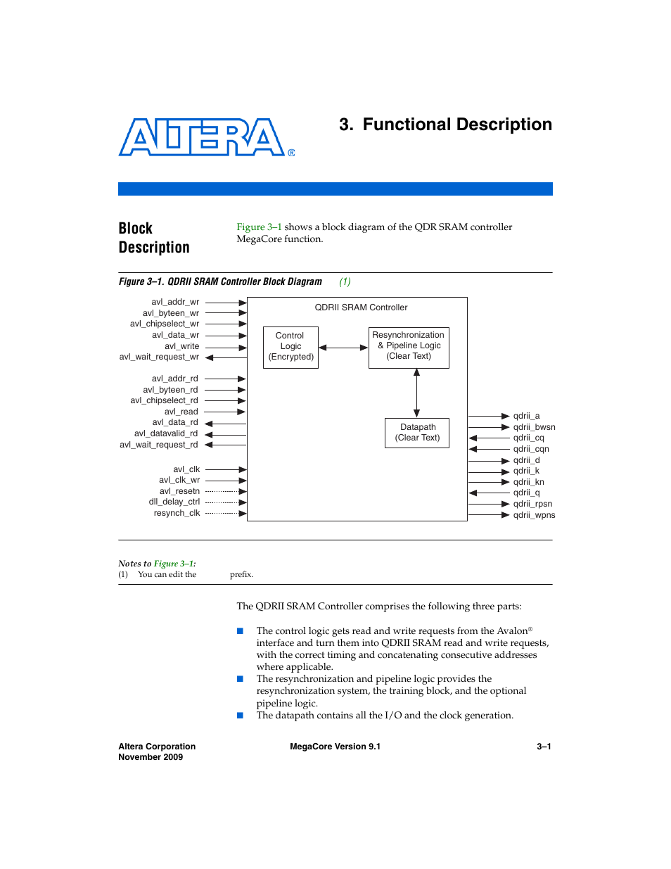 Functional description, Block description, Chapter 3. functional description | Block description –1 | Altera QDRII SRAM Controller MegaCore Function User Manual | Page 33 / 68