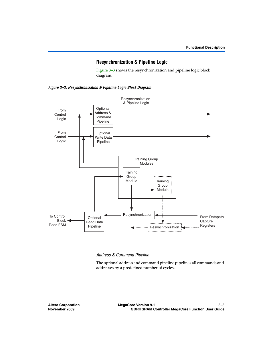 Resynchronization & pipeline logic, Address & command pipeline | Altera QDRII SRAM Controller MegaCore Function User Manual | Page 35 / 68
