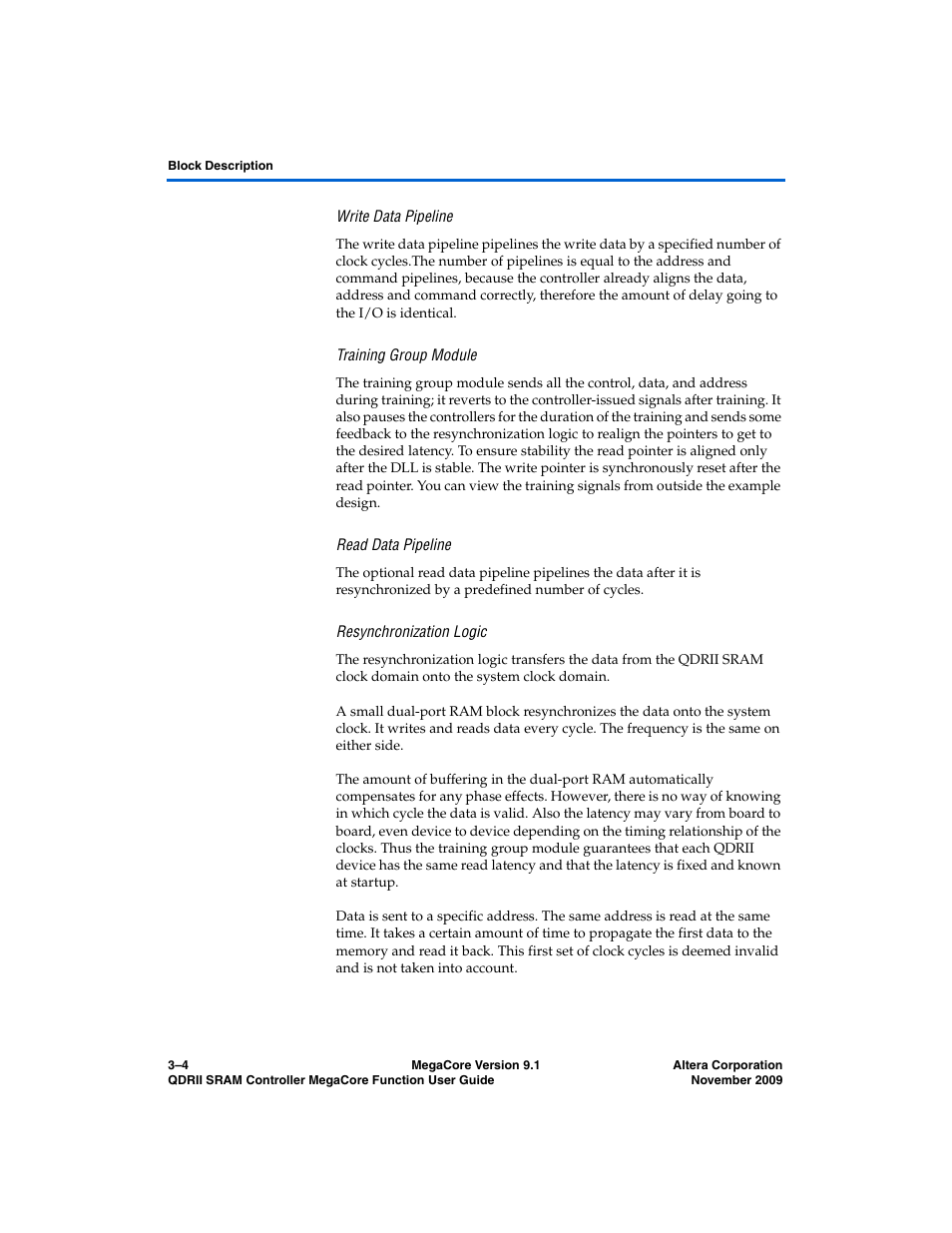 Write data pipeline, Training group module, Read data pipeline | Resynchronization logic | Altera QDRII SRAM Controller MegaCore Function User Manual | Page 36 / 68