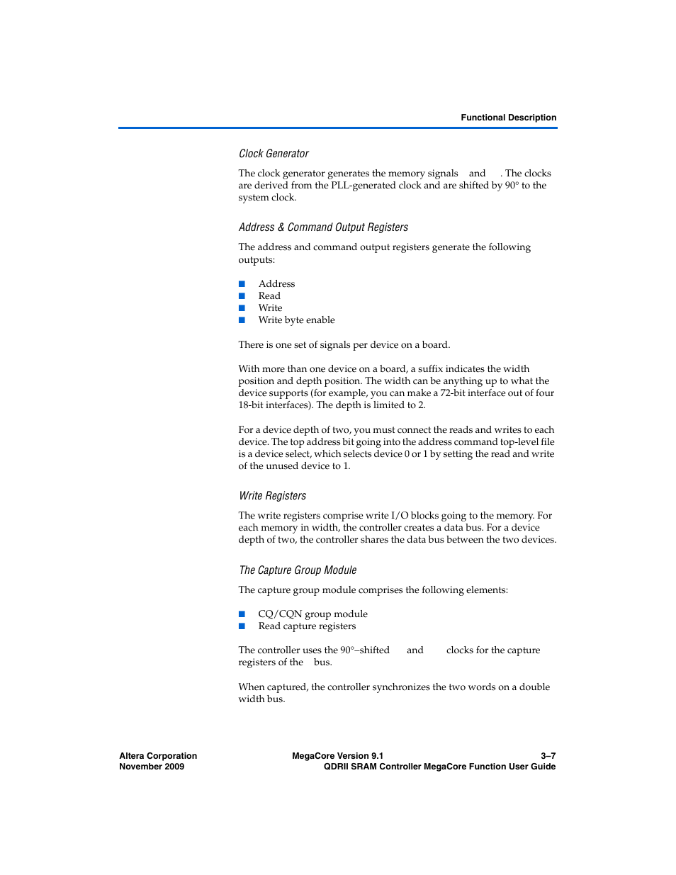 Clock generator, Address & command output registers, Write registers | The capture group module | Altera QDRII SRAM Controller MegaCore Function User Manual | Page 39 / 68