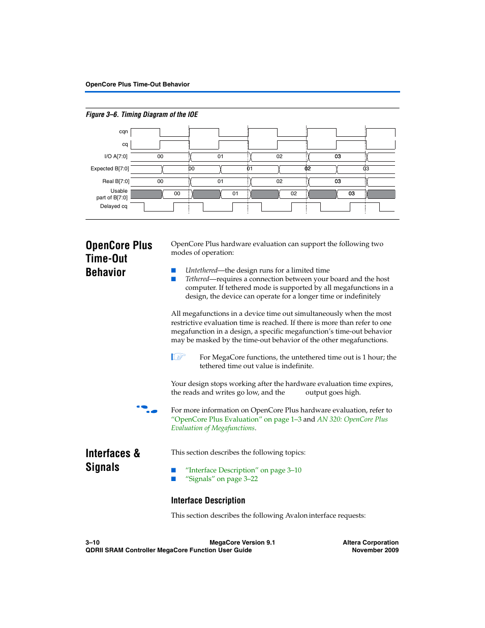 Opencore plus time-out behavior, Interfaces & signals, Interface description | Opencore plus time-out behavior” on | Altera QDRII SRAM Controller MegaCore Function User Manual | Page 42 / 68