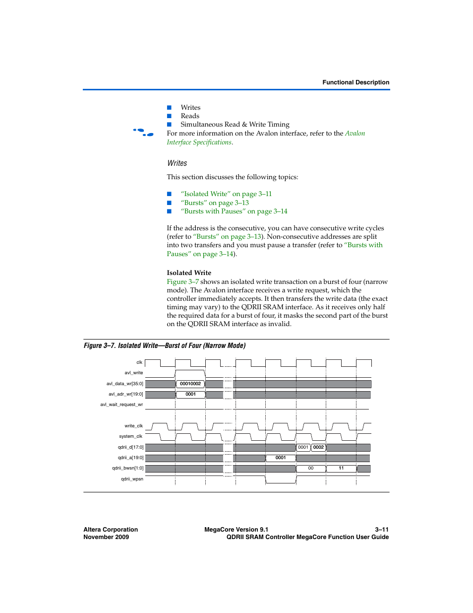 Writes, Isolated write | Altera QDRII SRAM Controller MegaCore Function User Manual | Page 43 / 68