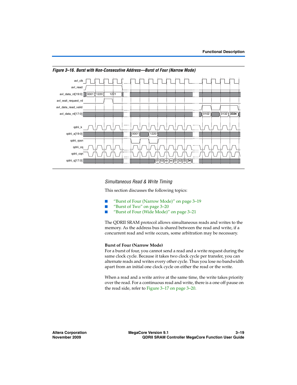 Simultaneous read & write timing, Burst of four (narrow mode) | Altera QDRII SRAM Controller MegaCore Function User Manual | Page 51 / 68