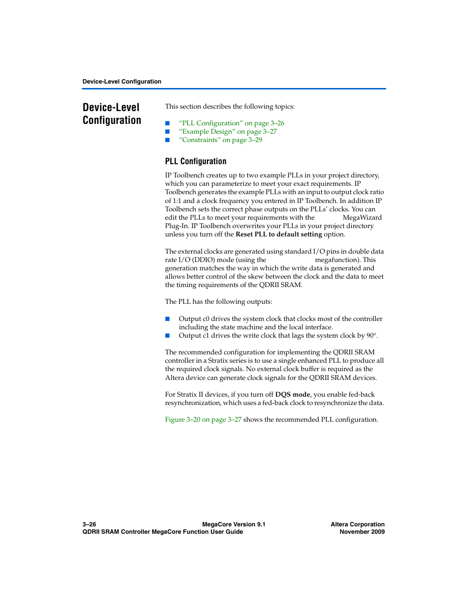 Device-level configuration, Pll configuration, Device-level configuration –26 | Altera QDRII SRAM Controller MegaCore Function User Manual | Page 58 / 68