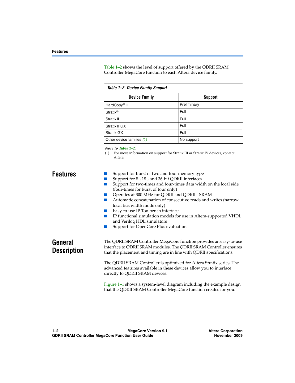 Features, General description, Features –2 general description –2 | Altera QDRII SRAM Controller MegaCore Function User Manual | Page 6 / 68