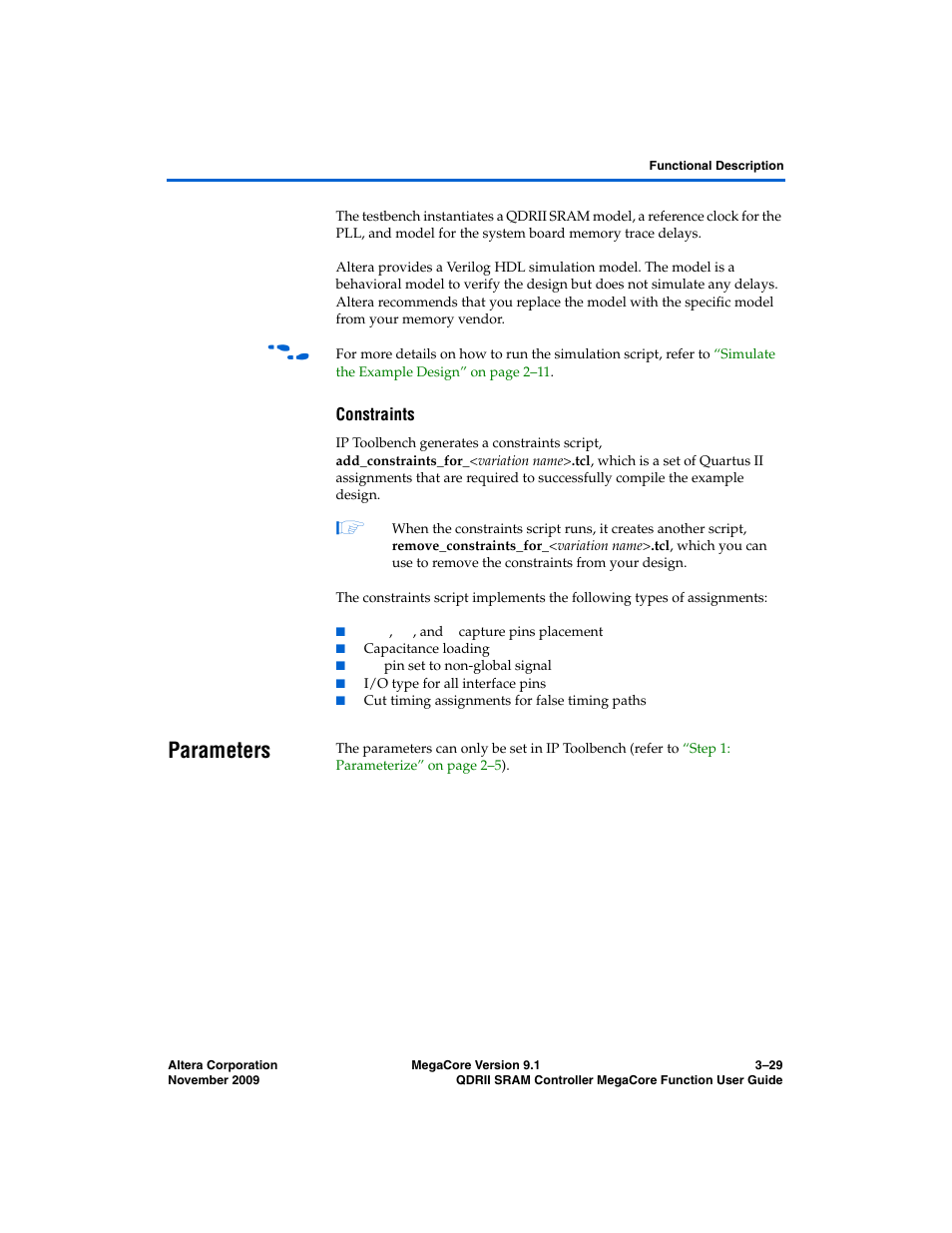 Constraints, Parameters, Parameters –29 | Constraints” on | Altera QDRII SRAM Controller MegaCore Function User Manual | Page 61 / 68