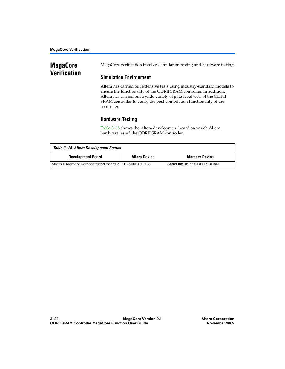 Megacore verification, Simulation environment, Hardware testing | Megacore verification –34 | Altera QDRII SRAM Controller MegaCore Function User Manual | Page 66 / 68