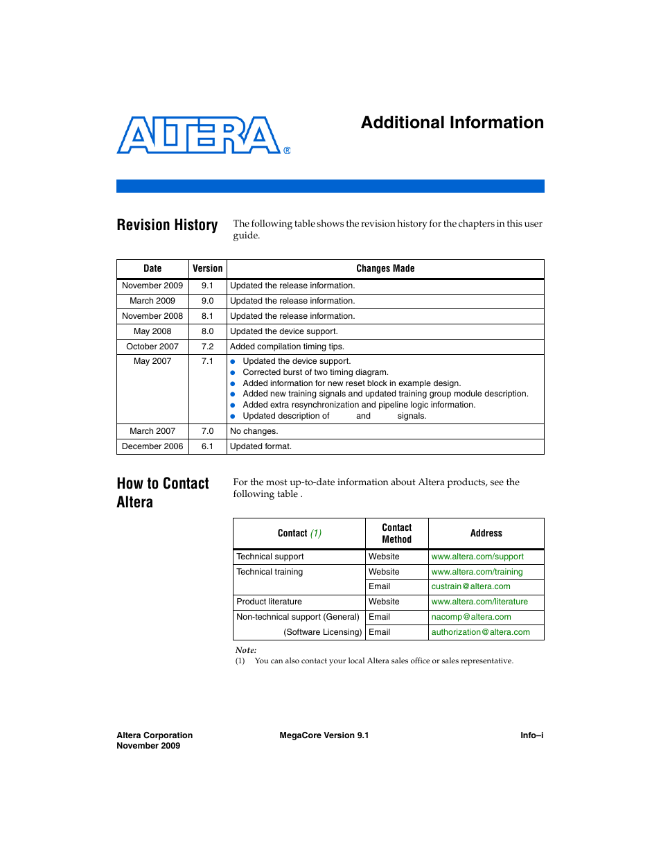 Additional information, Revision history, How to contact altera | Altera QDRII SRAM Controller MegaCore Function User Manual | Page 67 / 68