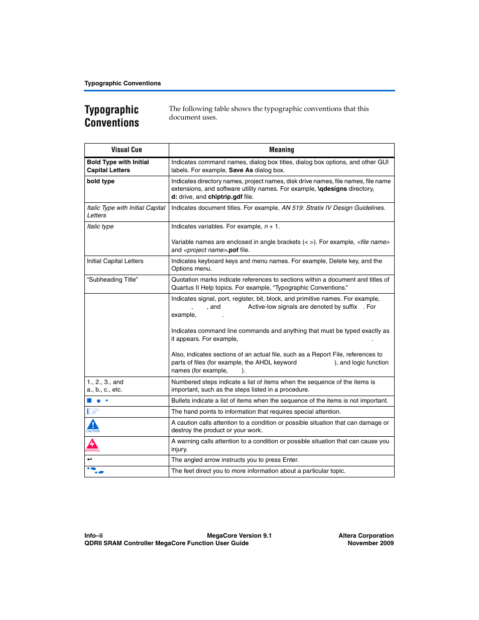 Typographic conventions | Altera QDRII SRAM Controller MegaCore Function User Manual | Page 68 / 68