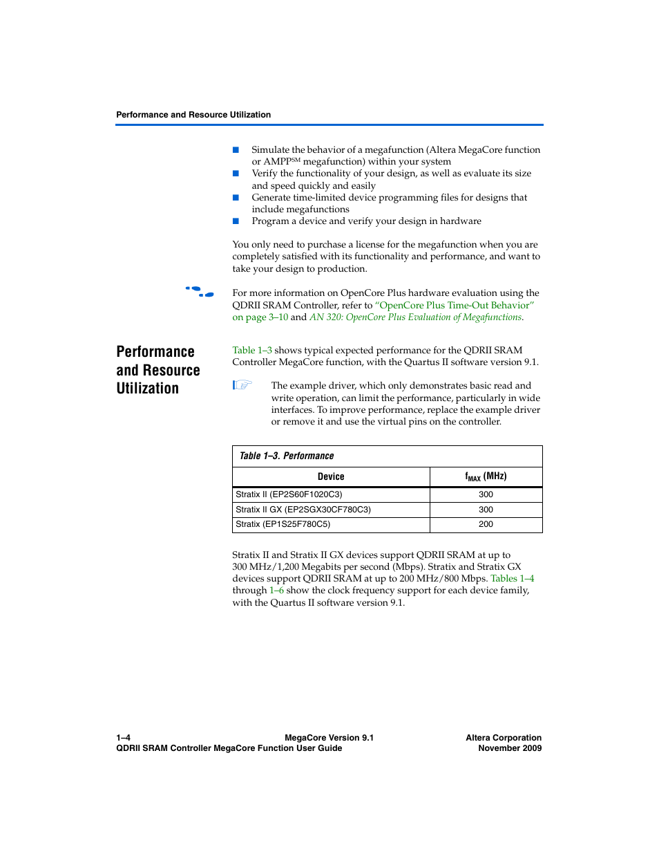 Performance and resource utilization, Performance and resource utilization –4 | Altera QDRII SRAM Controller MegaCore Function User Manual | Page 8 / 68