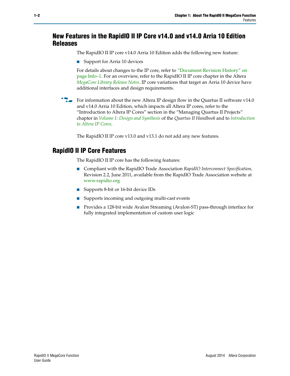 Rapidio ii ip core features | Altera RapidIO II MegaCore Function User Manual | Page 10 / 218
