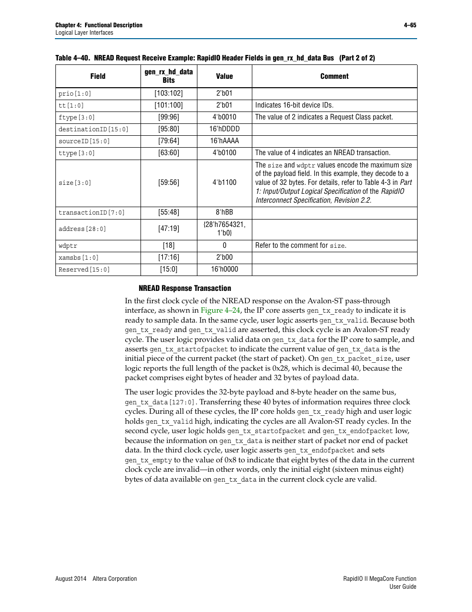 Nread response transaction | Altera RapidIO II MegaCore Function User Manual | Page 107 / 218