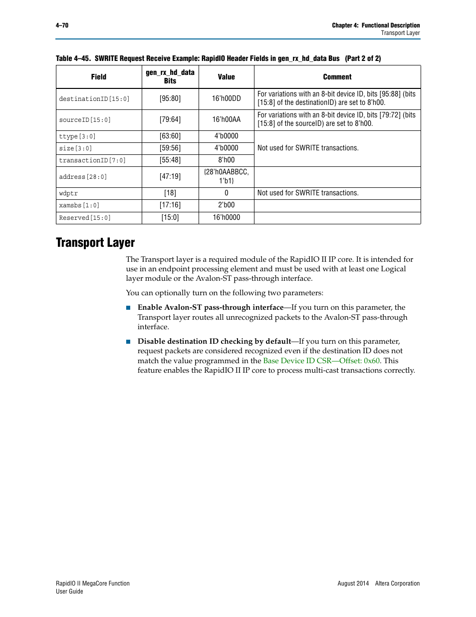 Transport layer, Transport layer –70, Transport layer” on | Altera RapidIO II MegaCore Function User Manual | Page 112 / 218