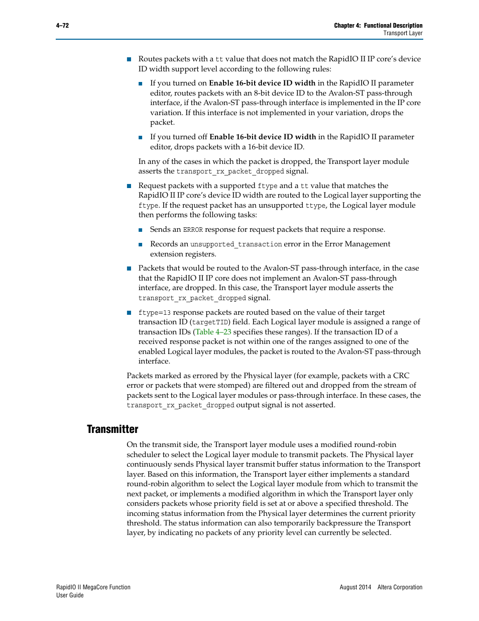 Transmitter, Transmitter –72 | Altera RapidIO II MegaCore Function User Manual | Page 114 / 218