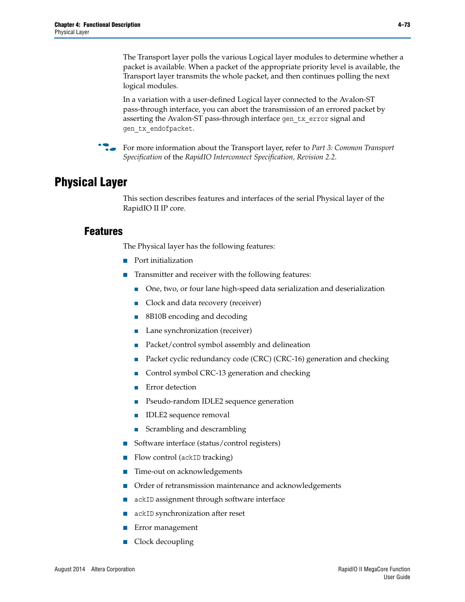 Physical layer, Features, Physical layer –73 | Features –73 | Altera RapidIO II MegaCore Function User Manual | Page 115 / 218