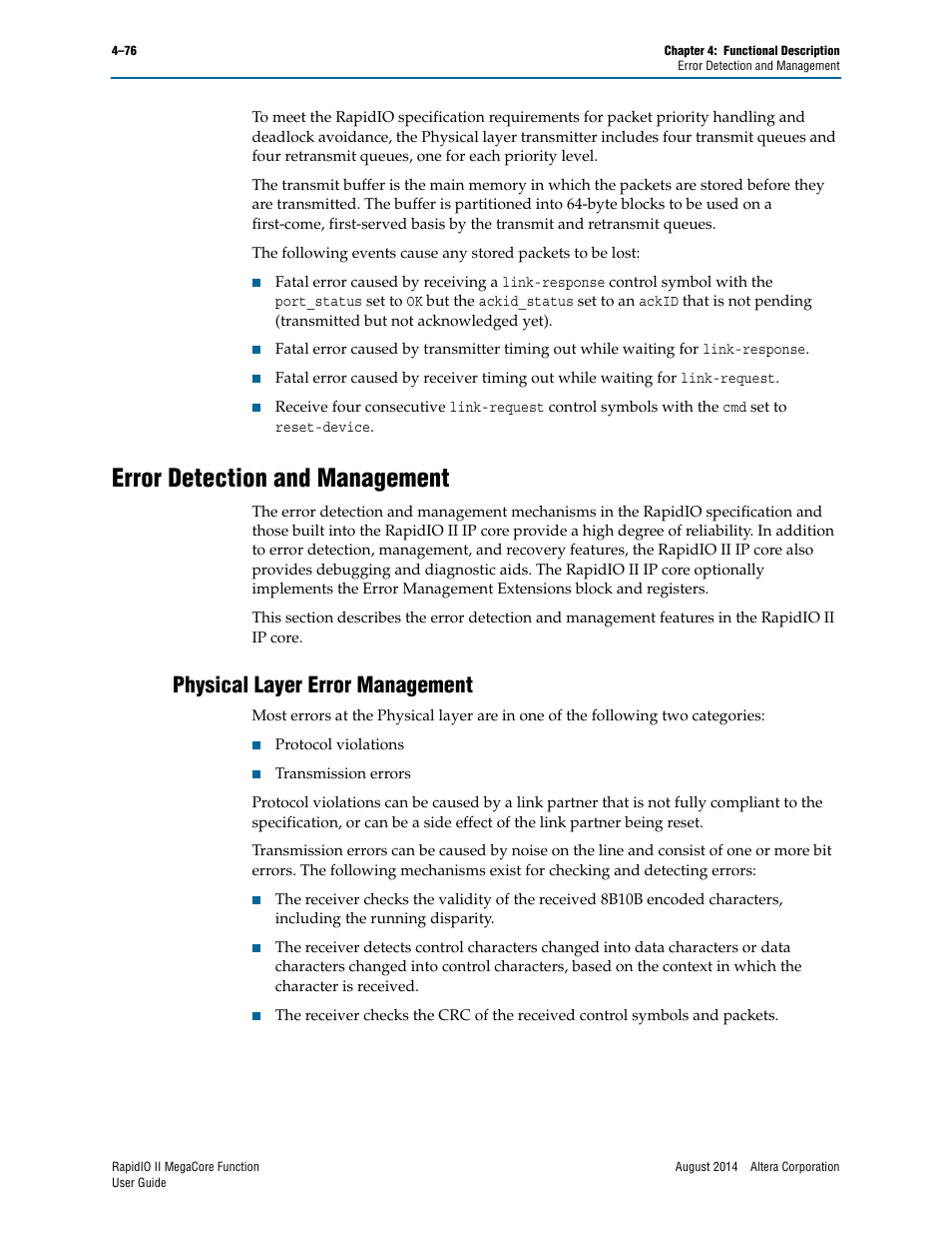 Error detection and management, Physical layer error management, Error detection and management –76 | Physical layer error management –76 | Altera RapidIO II MegaCore Function User Manual | Page 118 / 218