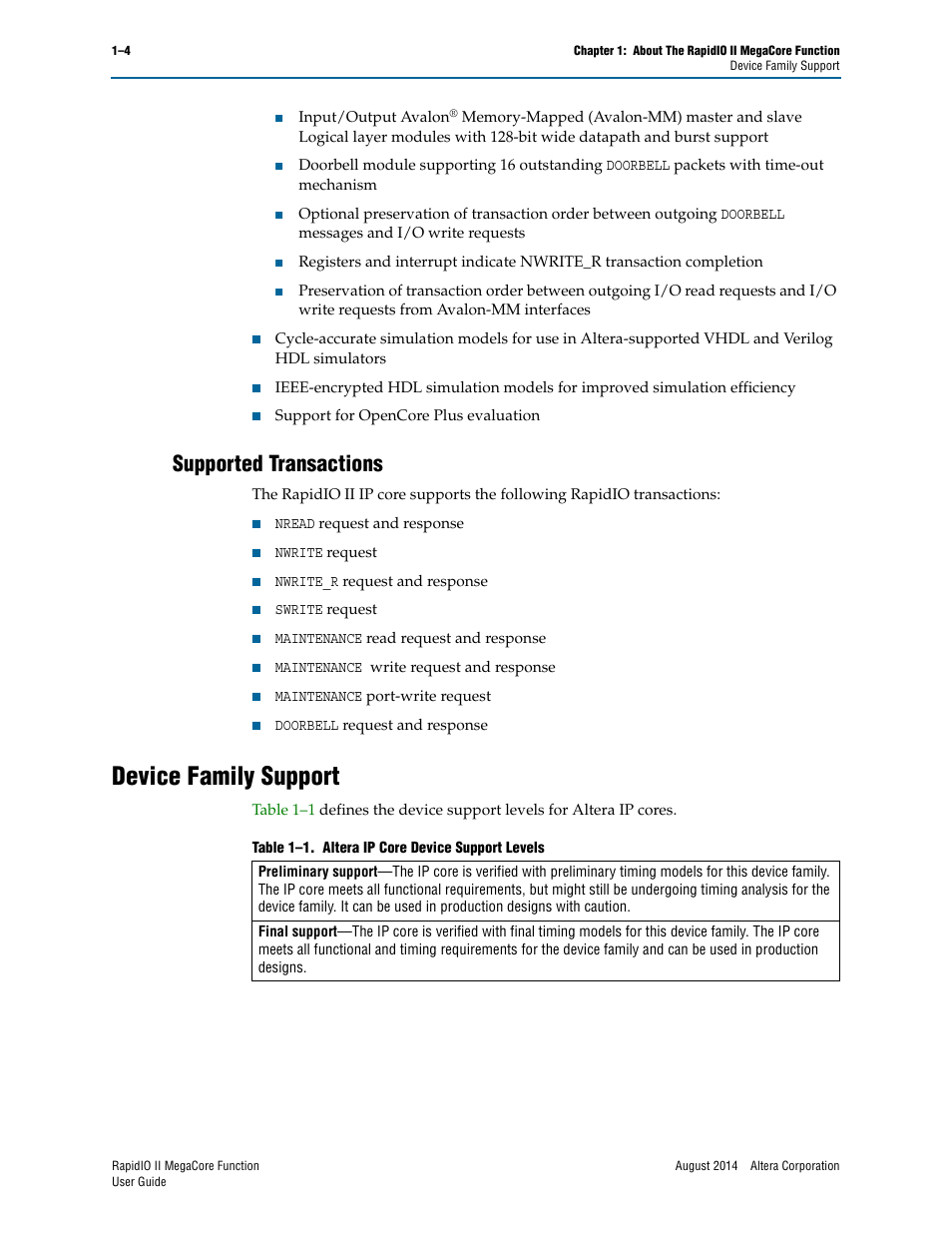 Supported transactions, Device family support, Supported transactions –4 | Device family support –4 | Altera RapidIO II MegaCore Function User Manual | Page 12 / 218