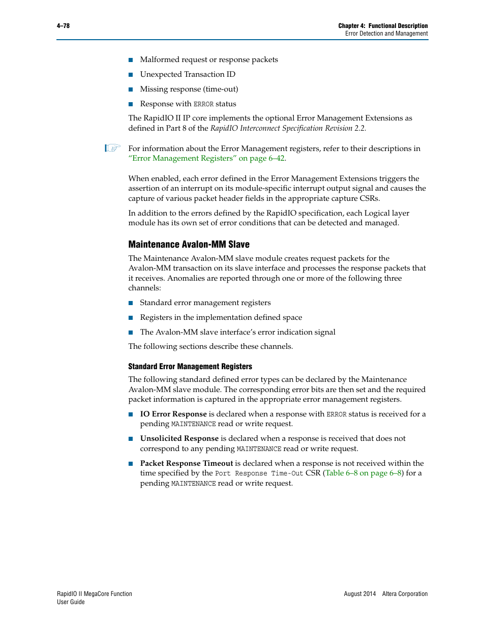 Maintenance avalon-mm slave, Maintenance avalon-mm slave –78 | Altera RapidIO II MegaCore Function User Manual | Page 120 / 218