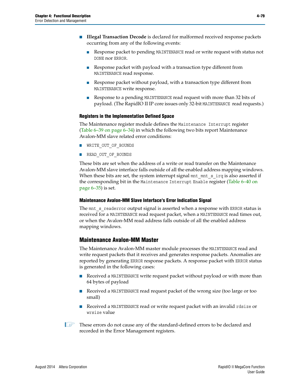 Maintenance avalon-mm master, Maintenance avalon-mm master –79 | Altera RapidIO II MegaCore Function User Manual | Page 121 / 218