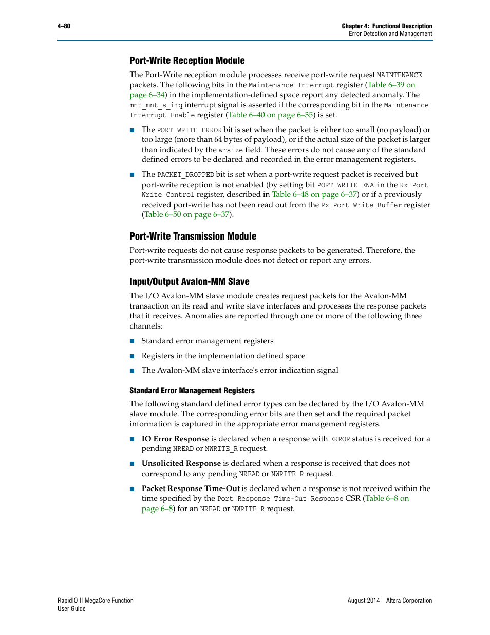 Port-write reception module, Port-write transmission module, Input/output avalon-mm slave | Altera RapidIO II MegaCore Function User Manual | Page 122 / 218