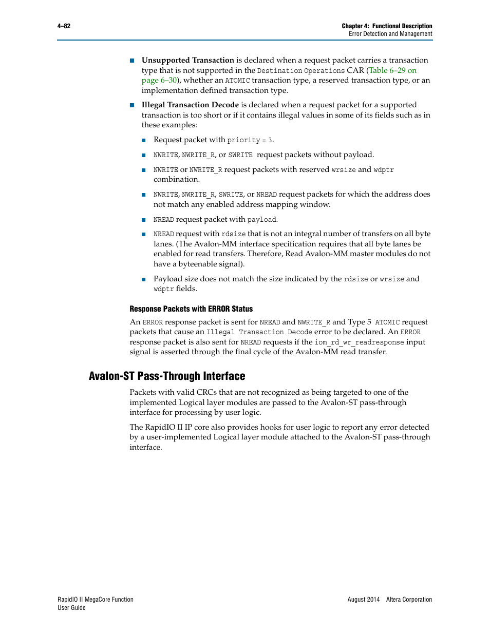 Avalon-st pass-through interface, Avalon-st pass-through interface –82 | Altera RapidIO II MegaCore Function User Manual | Page 124 / 218