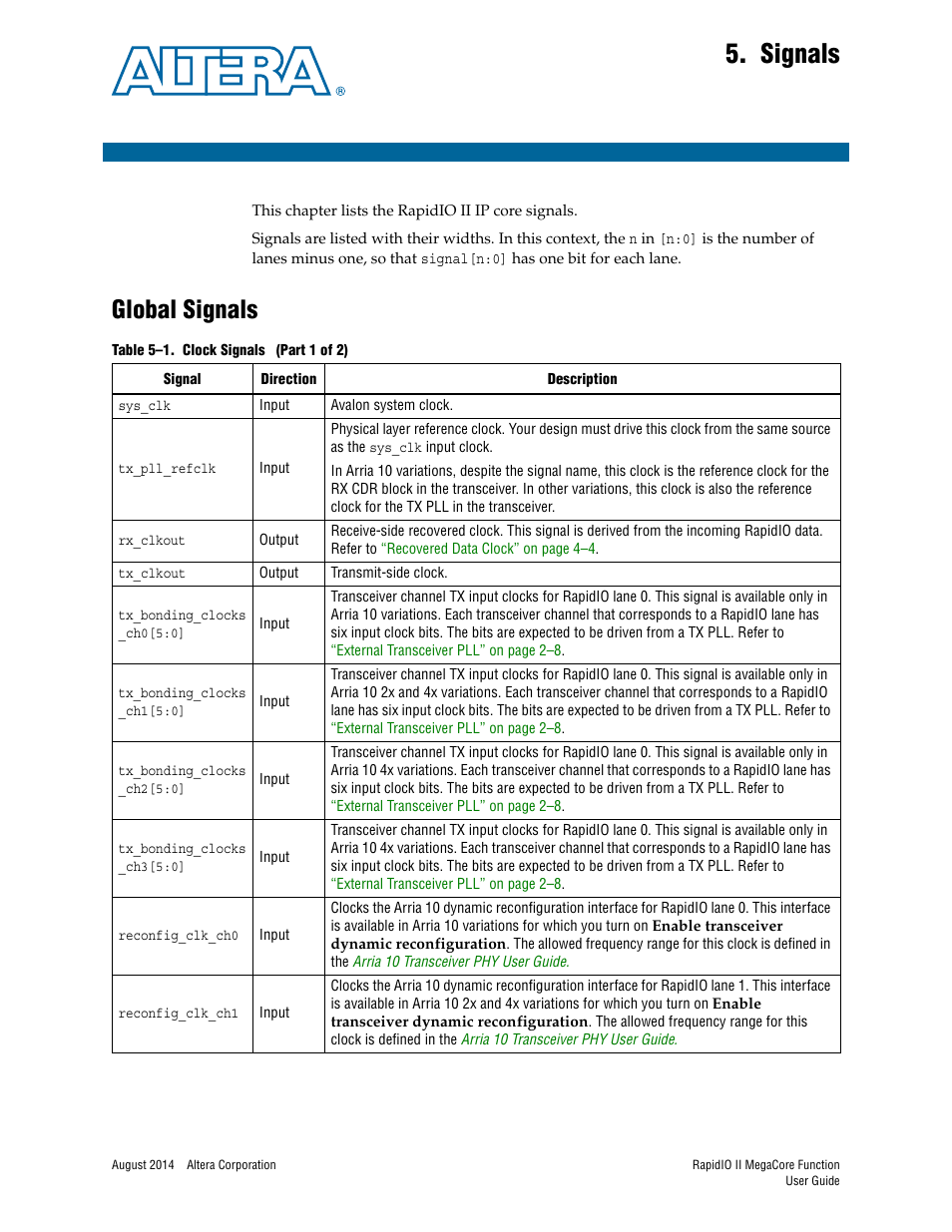 Signals, Global signals, Chapter 5. signals | Global signals –1, Chapter 5 | Altera RapidIO II MegaCore Function User Manual | Page 125 / 218