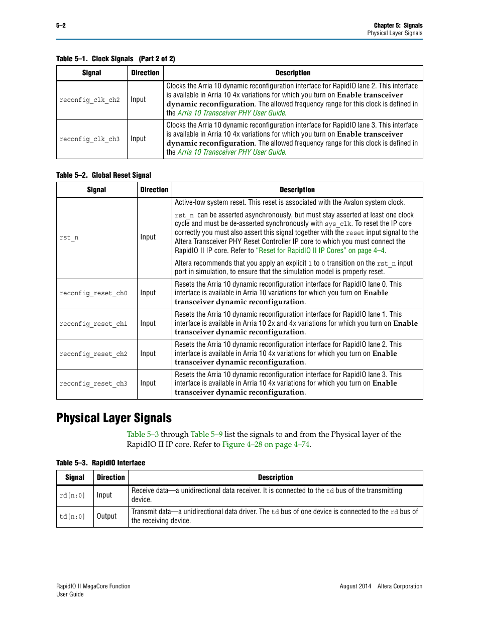 Physical layer signals, Physical layer signals –2 | Altera RapidIO II MegaCore Function User Manual | Page 126 / 218