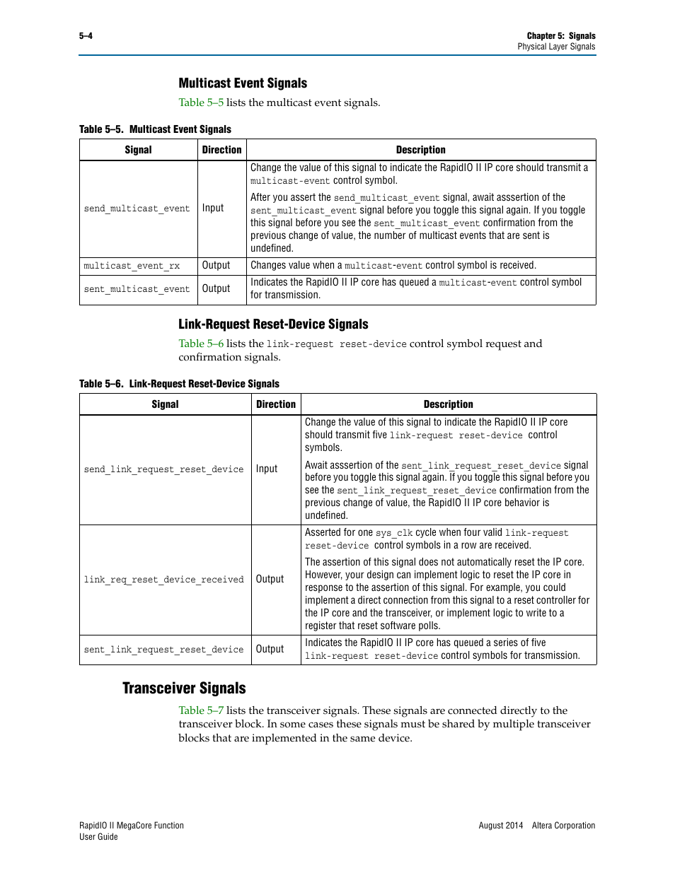 Multicast event signals, Link-request reset-device signals, Transceiver signals | Transceiver signals –4, Table 5–6 | Altera RapidIO II MegaCore Function User Manual | Page 128 / 218