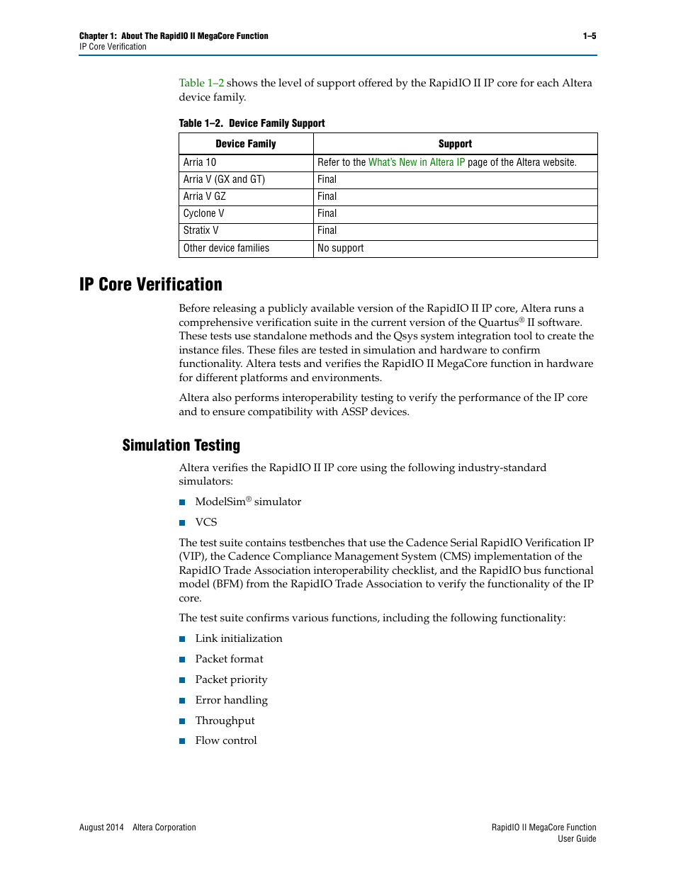 Ip core verification, Simulation testing, Ip core verification –5 | Simulation testing –5 | Altera RapidIO II MegaCore Function User Manual | Page 13 / 218