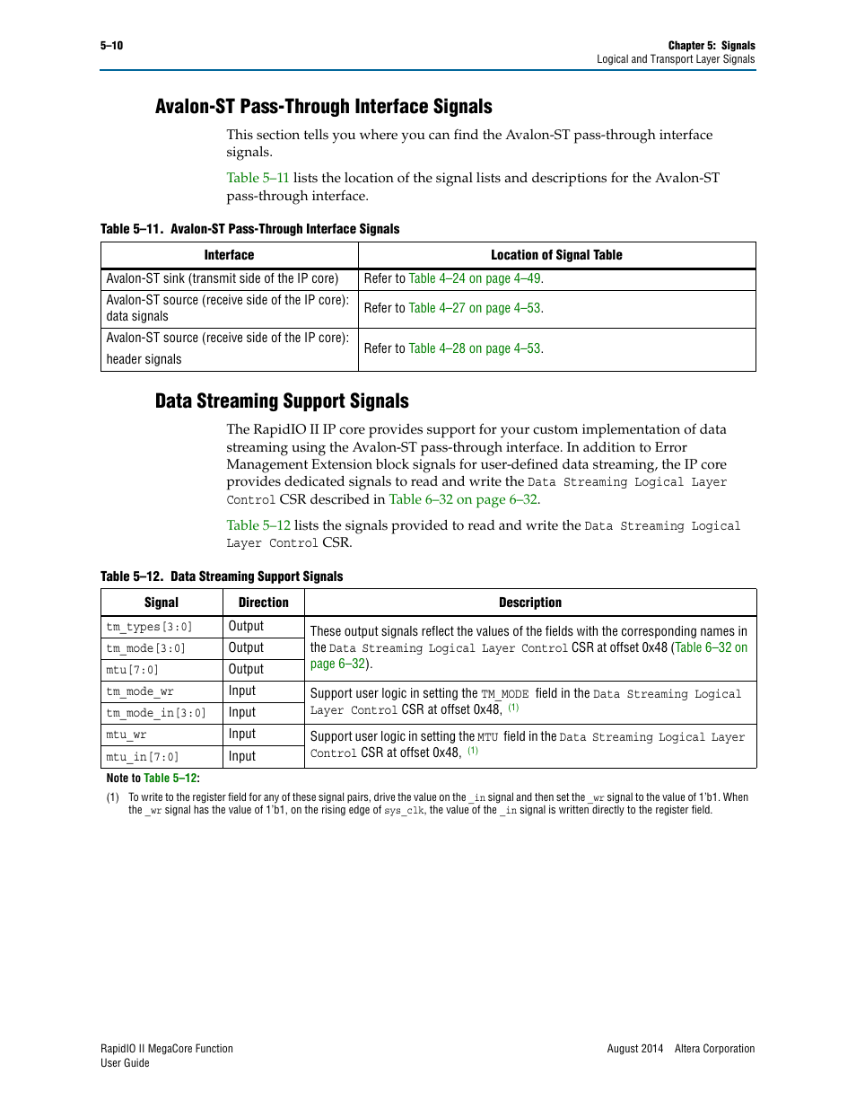 Avalon-st pass-through interface signals, Data streaming support signals | Altera RapidIO II MegaCore Function User Manual | Page 134 / 218