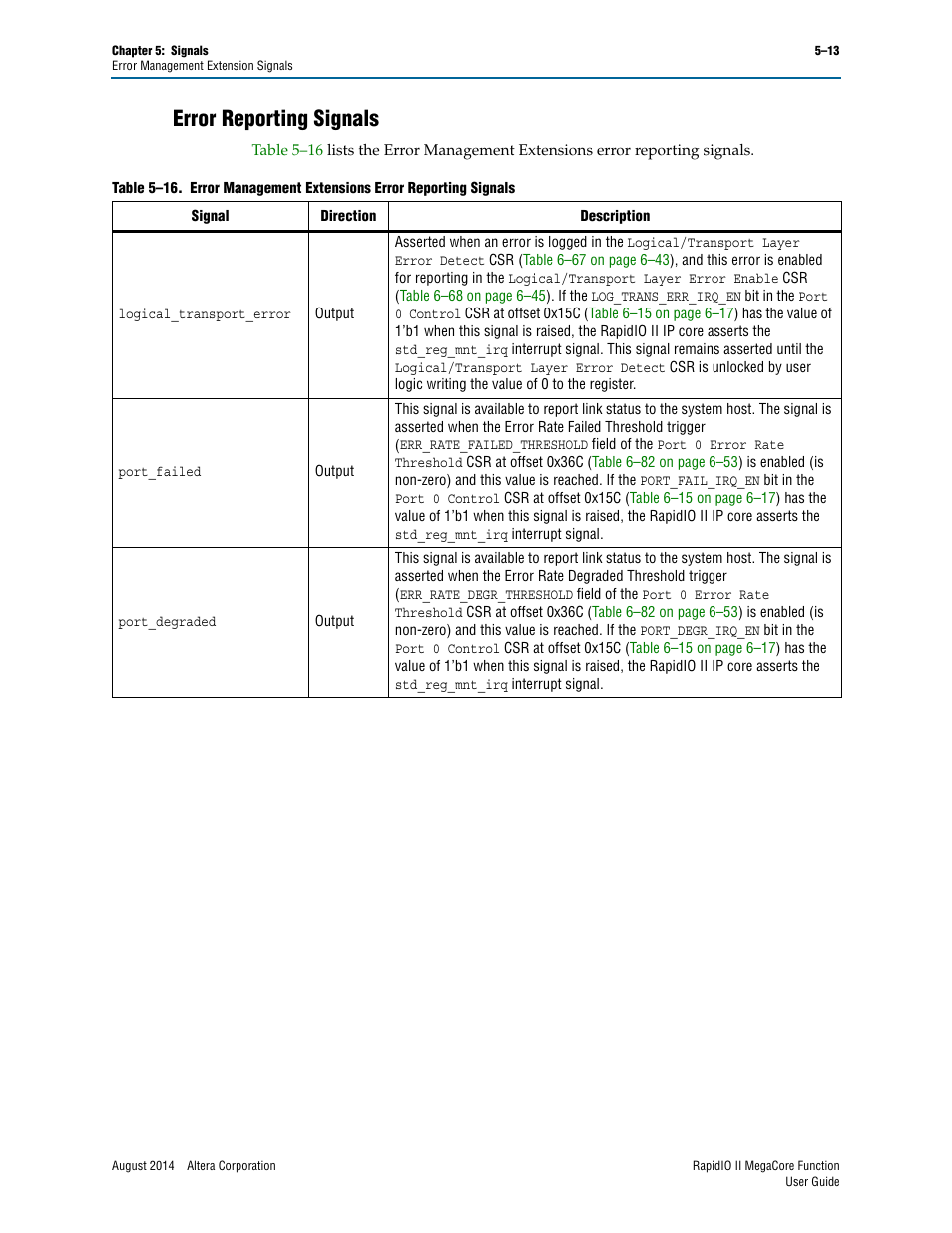 Error reporting signals, Error reporting signals –13, Table 5–16 | Altera RapidIO II MegaCore Function User Manual | Page 137 / 218