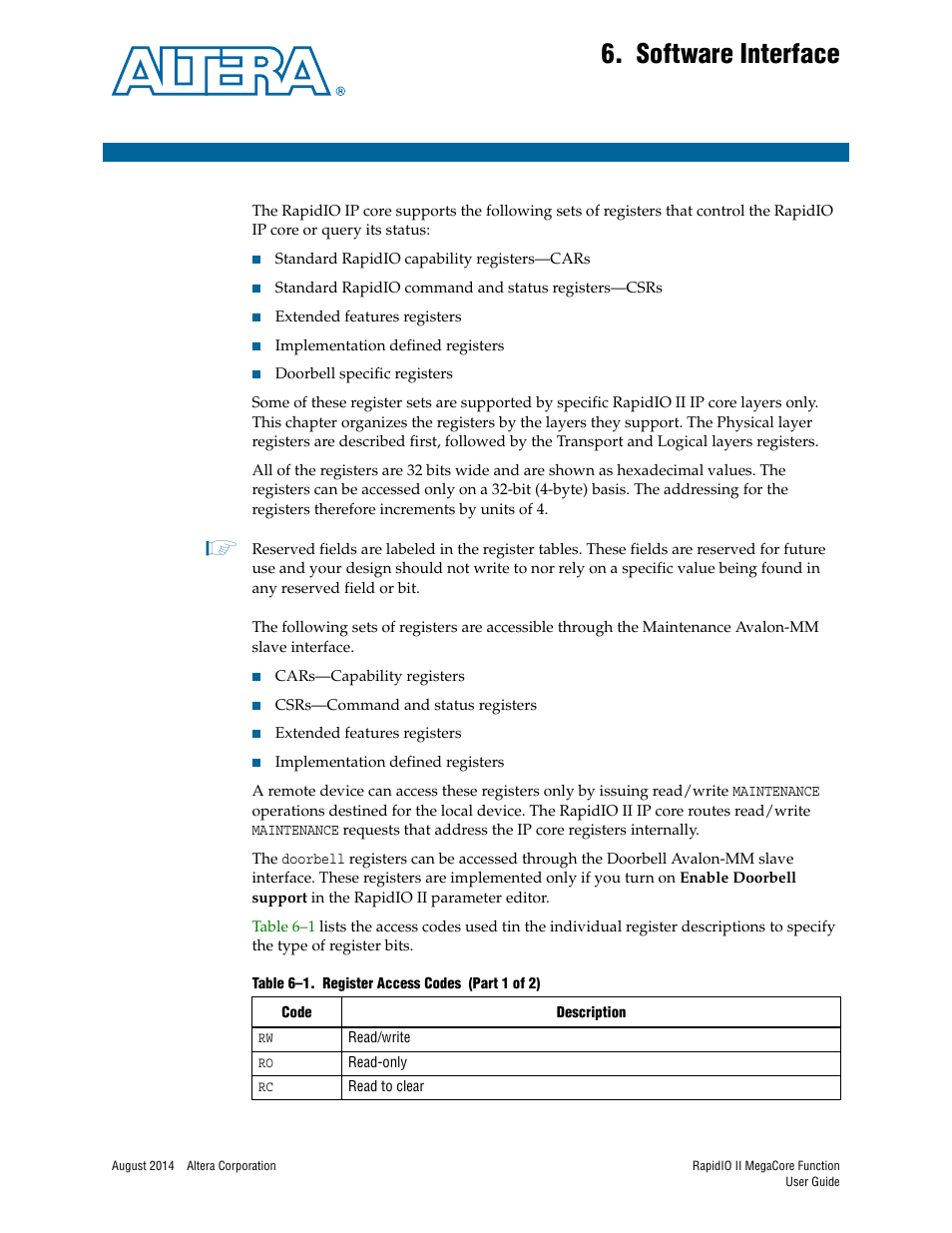 Software interface, Chapter 6. software interface, Chapter 6, software interface | For t, Chapter 6, software, Interface | Altera RapidIO II MegaCore Function User Manual | Page 139 / 218