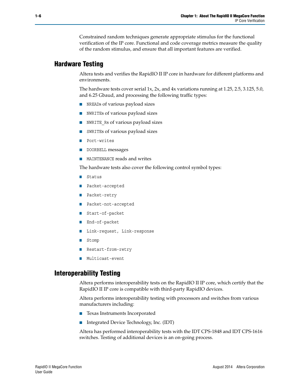 Hardware testing, Interoperability testing, Hardware testing –6 interoperability testing –6 | Altera RapidIO II MegaCore Function User Manual | Page 14 / 218