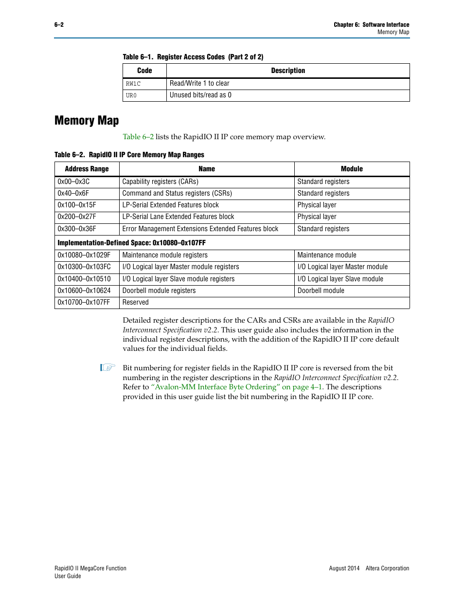 Memory map, Memory map –2, Table 6–2 on | Altera RapidIO II MegaCore Function User Manual | Page 140 / 218