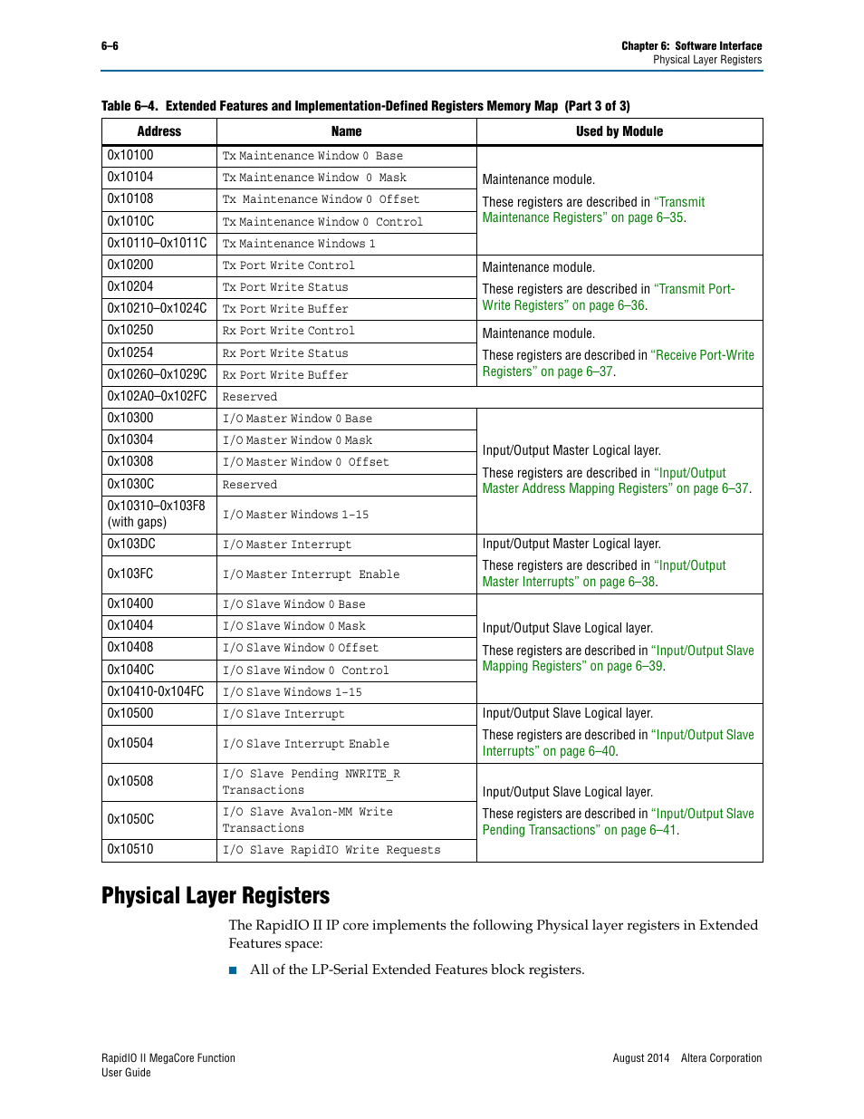 Physical layer registers, Physical layer registers –6, Escribed in | Altera RapidIO II MegaCore Function User Manual | Page 144 / 218