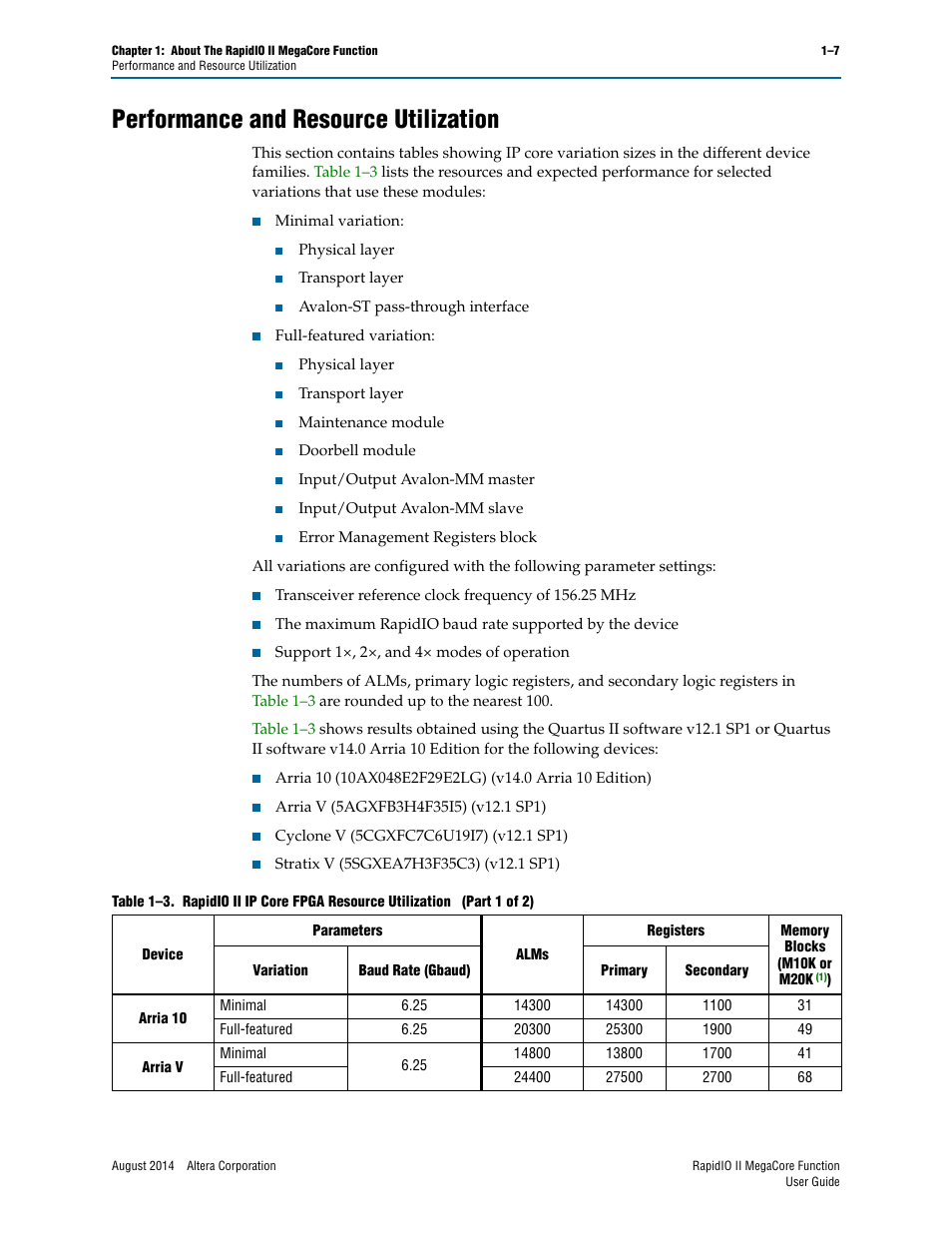 Performance and resource utilization, Performance and resource utilization –7 | Altera RapidIO II MegaCore Function User Manual | Page 15 / 218