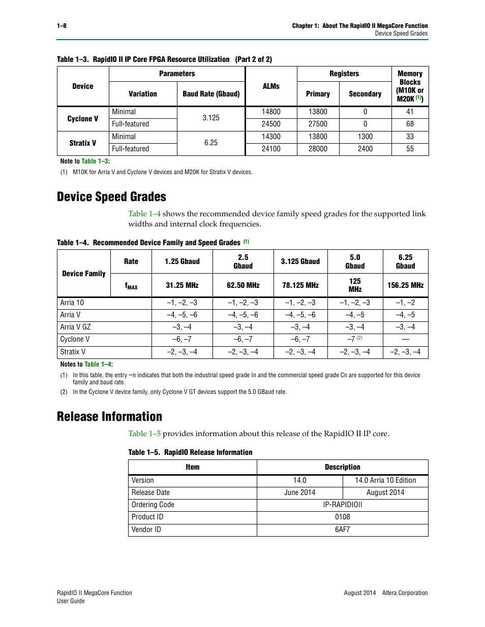 Device speed grades, Release information, Device speed grades –8 release information –8 | Altera RapidIO II MegaCore Function User Manual | Page 16 / 218